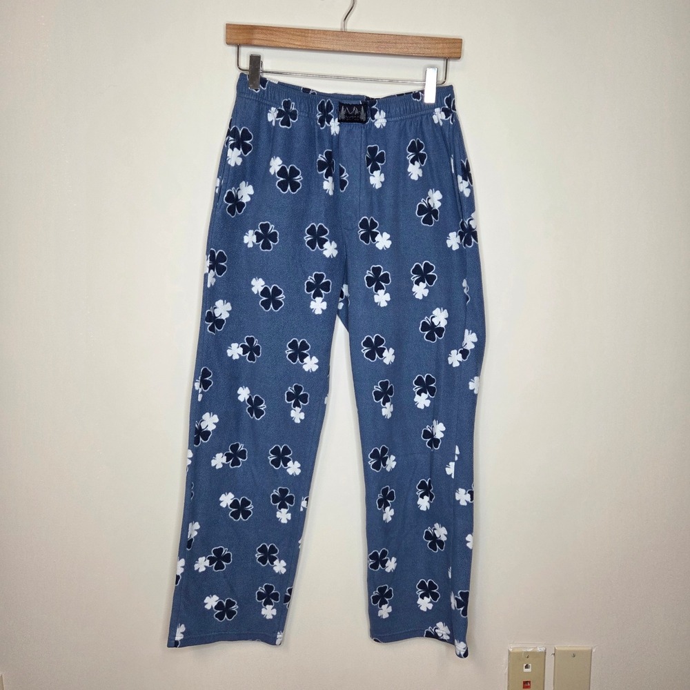 Lucky Brand Shamrock Mens Blue Fleece Pajama Pants Clover Print Sleepwear Size M